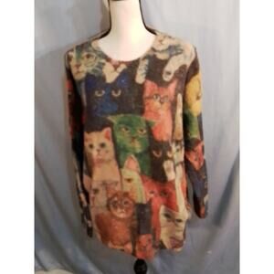 Crazy Cat sweater tan with multi colored cats